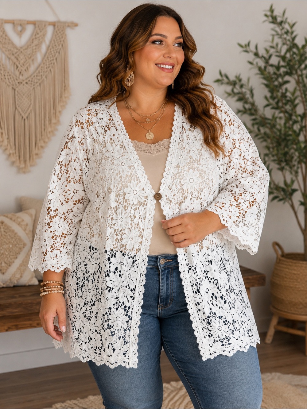 Rabbit Rabbit Rabbit White Crochet Lace Open Front Boho Plus Size Cottagecore